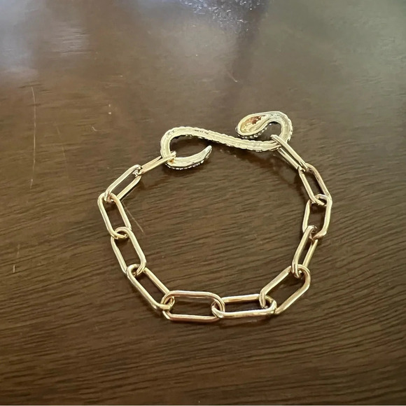 Gold Snake CZ Pave Bracelet with Paperclip Elongated Oval Link Chain - Picture 3 of 4